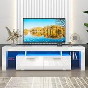 UHOMEPRO TV Stand for TV up to70, High Gloss Entertainment Center with RGB LED Lights and Storage Shelves, White Media Console for Living Room