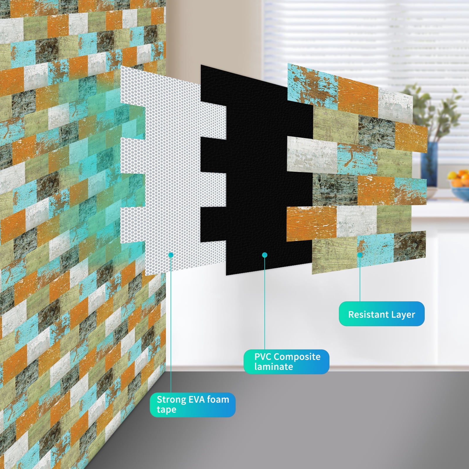 DEWOO 10-Sheet Peel and Stick Backsplash Wall Tile Self Adhesive, Stickon Tile for Kitchen Backplash, Bathroom Vanities, Fireplace Decor, Laundry Table, Stair Decals in Multicolor Woodgrain