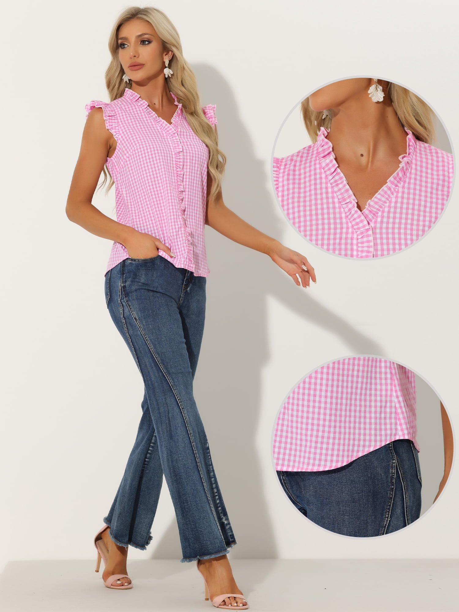 DARING DIVA Women's Cap Sleeve Plaid Gingham Ruffle Blouse XS Pink