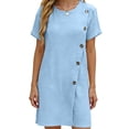 thumbnail image 5 of Vivianyo HD Women's Round Neck Mini Dress, Womens Casual Dress with Diagonal Side Button Short Sleeve Summer Dresses, Women's Sky Blue, Sizes S-2XL, 5 of 6