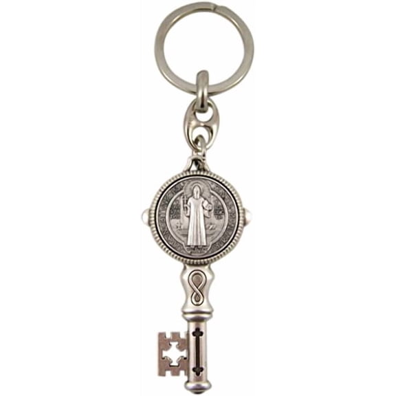 Silver Toned Saint Benedict Jubilee Medal Key Shaped Pendant Keychain, 4 1/4 Inch