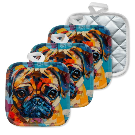 4 Pack Pot Holders,Kitchen Essential, Potholder Set,Color Rich Oil Painting Of An Adorable Pug