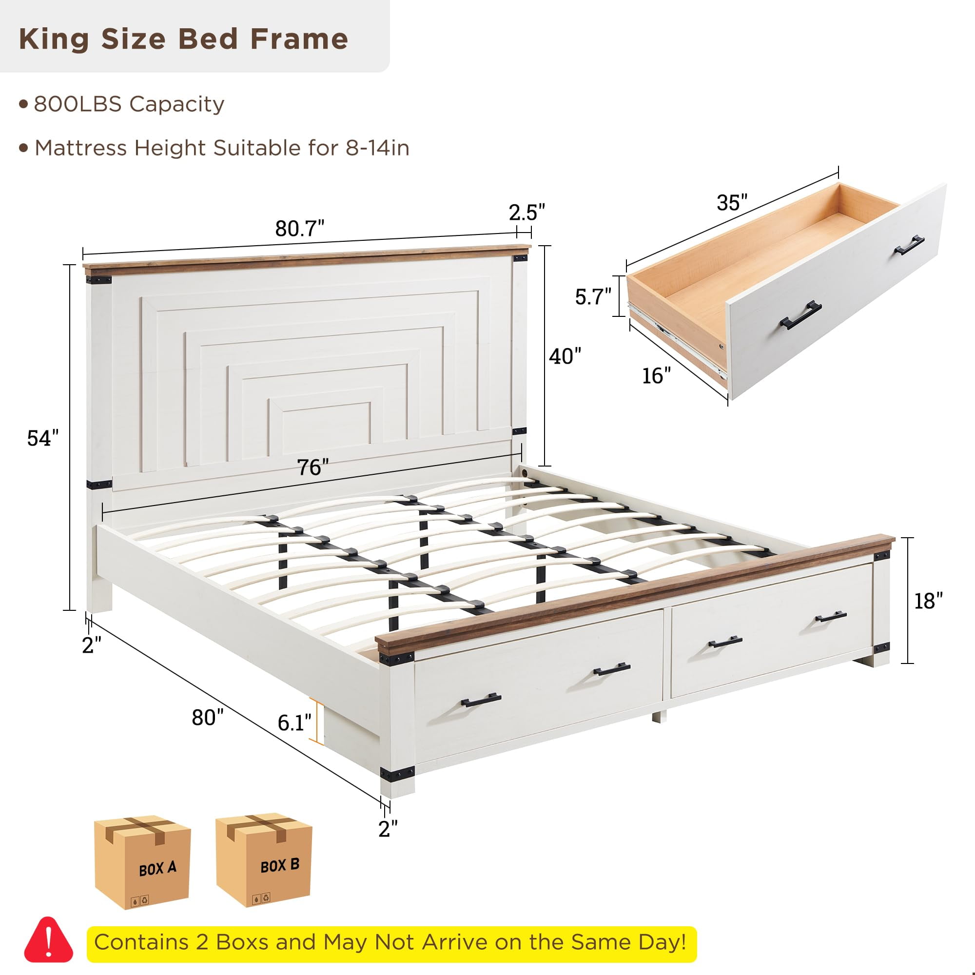 OKD Farmhouse King Size Bed Frame w/ 54" Tall Geometric Headboard, Rustic Wood Platform Bed w/ 2 Large Storage Drawers, Wood Slats Support, Noise Free, No Box Spring Needed, Antique White