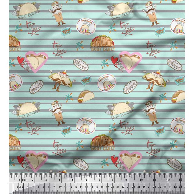 Soimoi Green Moss Georgette Fabric Tacos & Stripe Printed Craft Fabric by the Yard 42 Inch Wide
