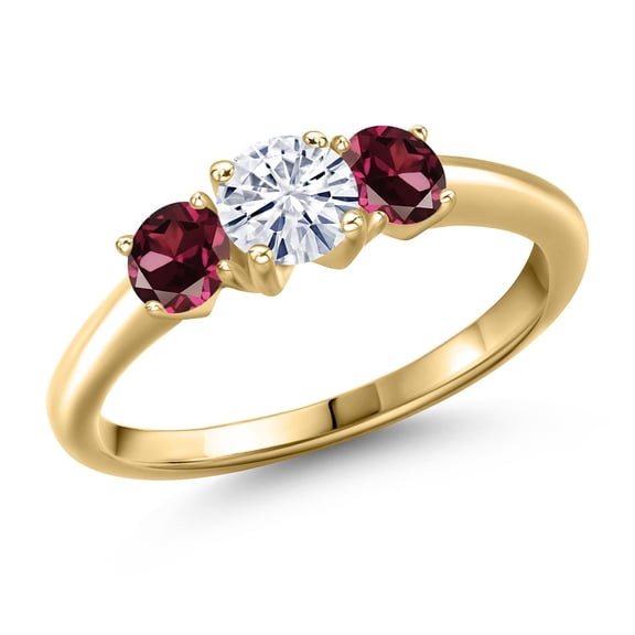 Gem Stone King 10K Yellow Gold White Moissanite and Red Rhodolite Garnet Engagement Ring for Women | 1.24 Cttw | Round 5MM | Gemstone Birthstone | Size 9