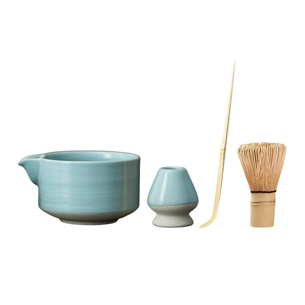 Juego de Matcha, cuchara china para matcha, tazón de té, batidor de matcha de bambú y soporte Azul