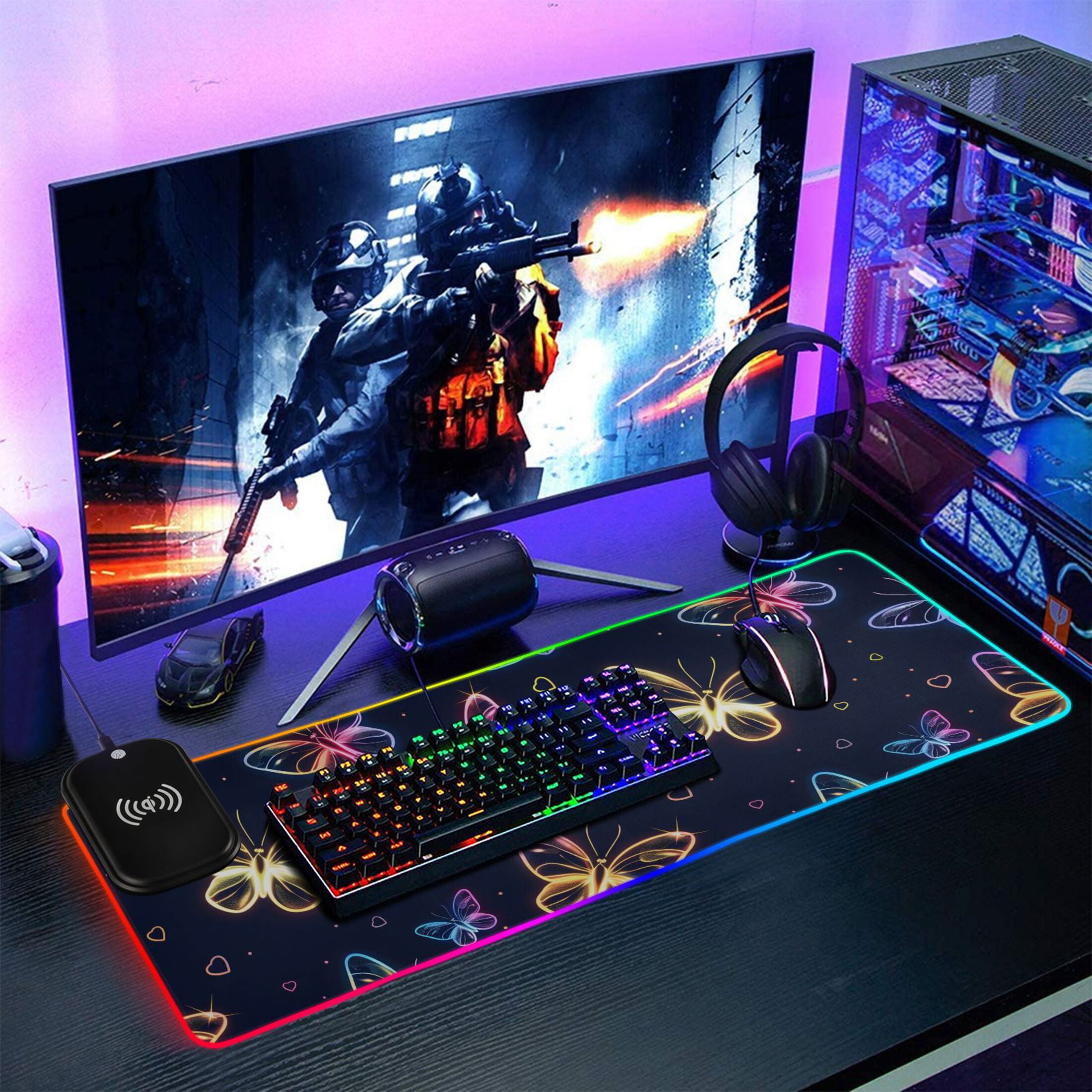 Wireless Charging Mouse Pad Large RGB Gaming Desk Mat 13 Light Modes Mousepad 31.5x11.8 Cute Neon Butterflies