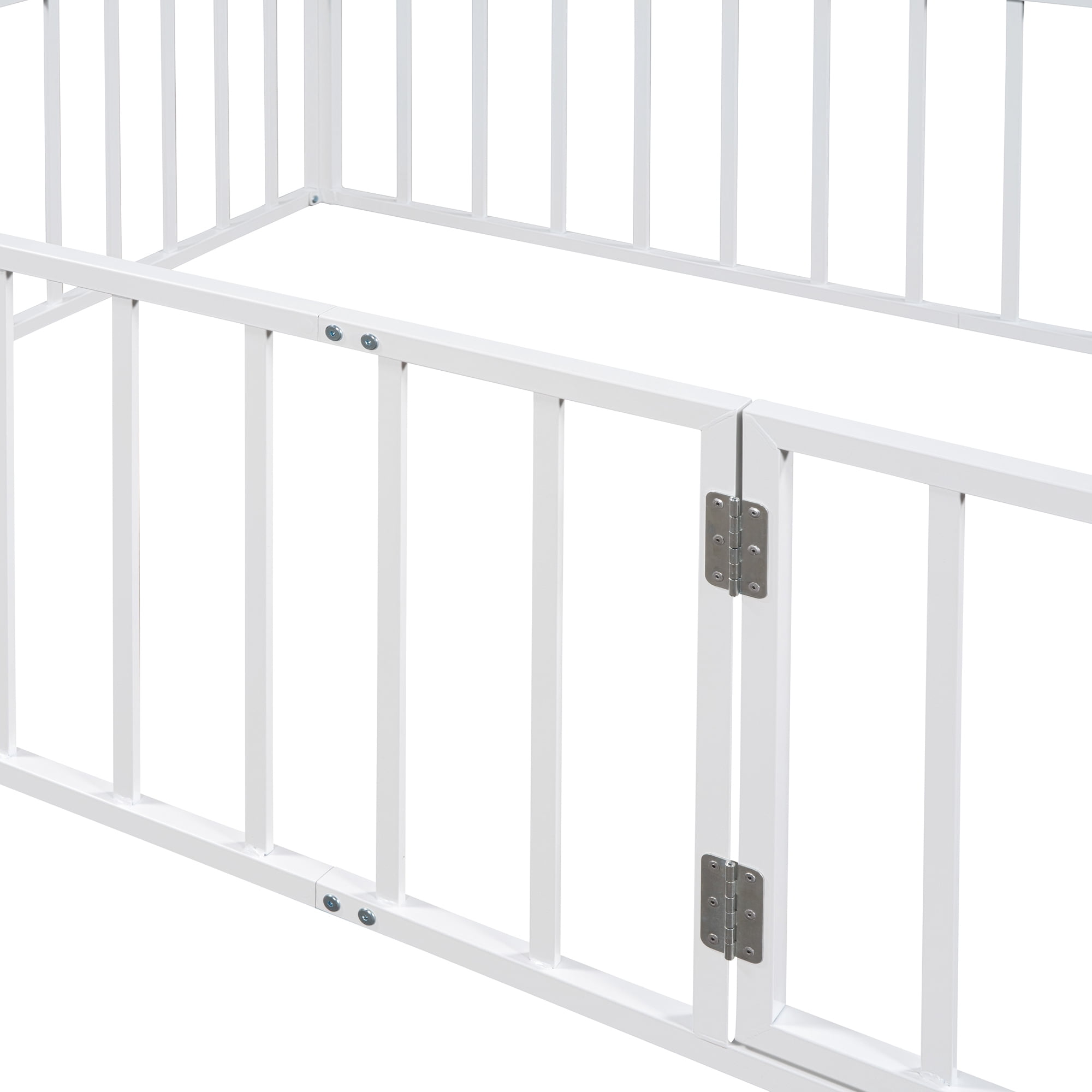 Full Floor Bed Frame for Kids, Metal Montessori Floor Bed with Door, Full Size Bed Frame with Fence-Shaped Guardrails, Floor Full Bed for Kids, Boys, Girls
