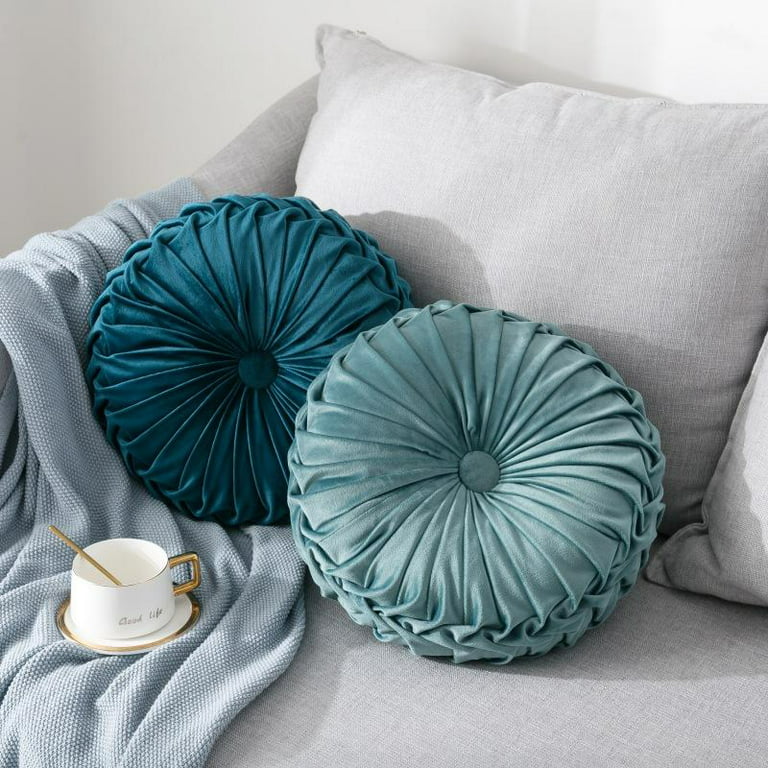 Namalu Round Throw Pillow 13.8 Inch Decorative Round Velvet Floor Pillows  Small Pumpkin Throw Pillow Cushion for Living Room Sofa Bed (Blue,2 Pcs)