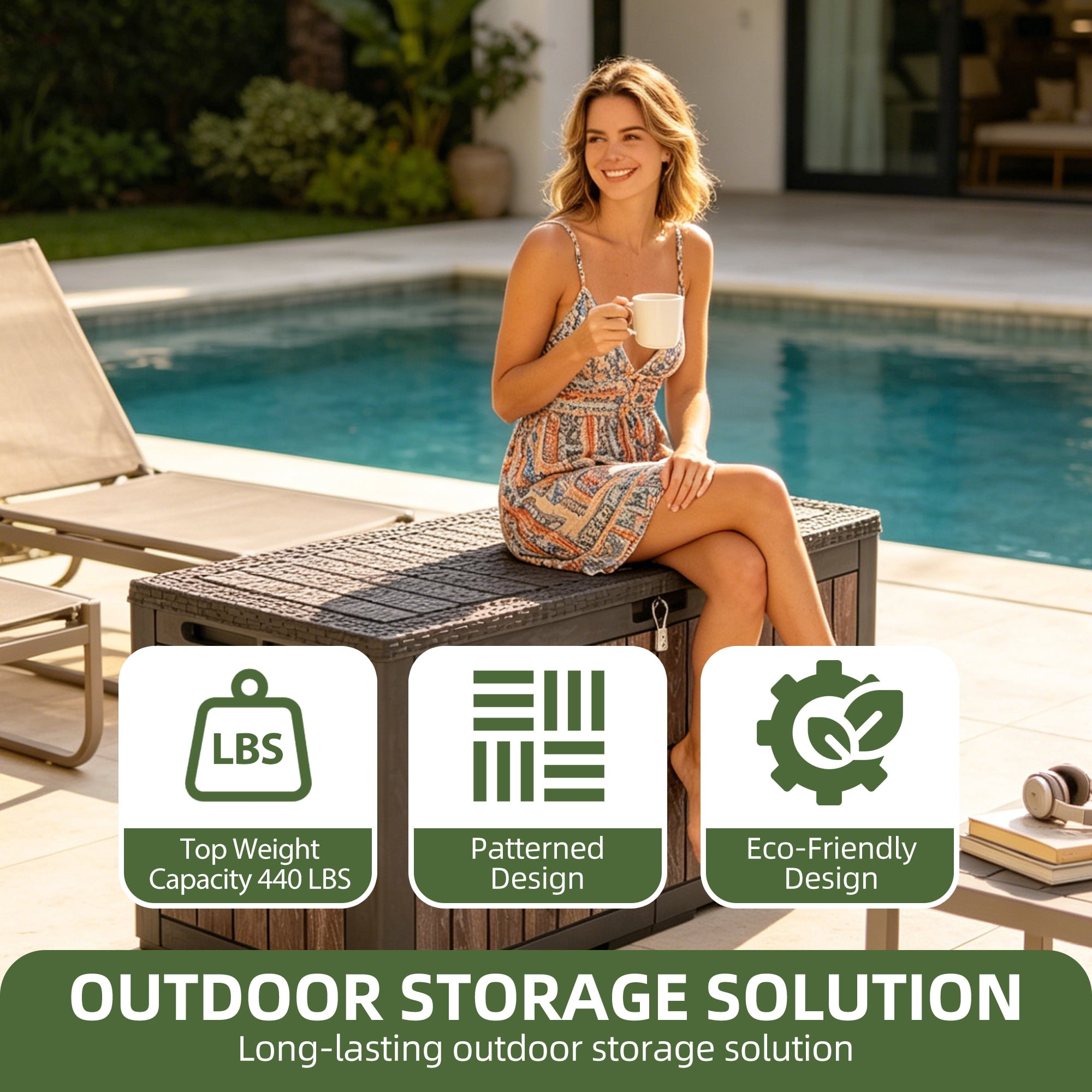 Uforic 134 Gallon Resin Deck Box, Waterproof Lockable Outdoor Storage Chest, Multifunctional Patio Storage Bench for Cushions, Garden Tools and Pool Supplies, Dark Brown & Wood-Grain Brown