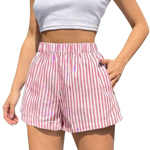 Karight Womens Striped Casual Shorts Elastic High Waist Loose Fit Summer Shorts with Pockets
