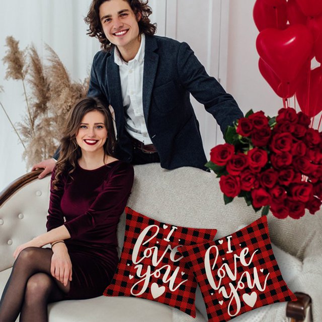 Liquidation! Delayuji Coussin en Lin Imprimé Série à Carreaux Rouges pour la Saint-Valentin, Coussin de Canapé, Atmosphère Festive, 1 Pce