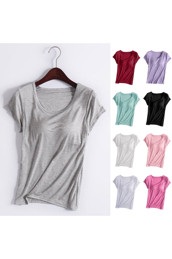 APEXFWDT Women's Casual Workout Shirts Built-in-Bra Short Sleeve T-Shirts Plus Size Crew Neck Wireless Bra Tops Tee Athletic Shirts
