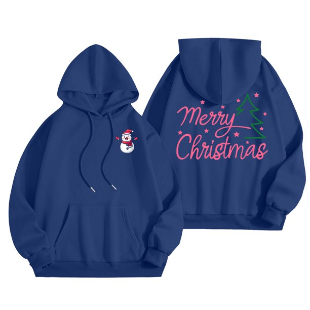 WILLBEST Sudaderas Deportivas para Mujer, Camiseta de Feliz Navidad para Mujer, Sudadera con Estampado de Letras y Árbol de Navidad, Sudadera con Capucha Navideña X-Grande