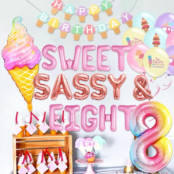 Ice Cream Theme Party Decoration Set Includes Alphabet and Number Balloons and Birthday Banner