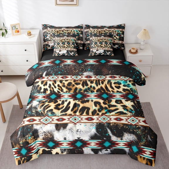 jejeloiu Retro Aztec Geometric Bedding Comforter Set 7pcs,Leopard Print Queen Bedding Sets,Fram Cowhide Queen Sheet Sets For Boys Teens,Super Cozy Room Decor Reversible