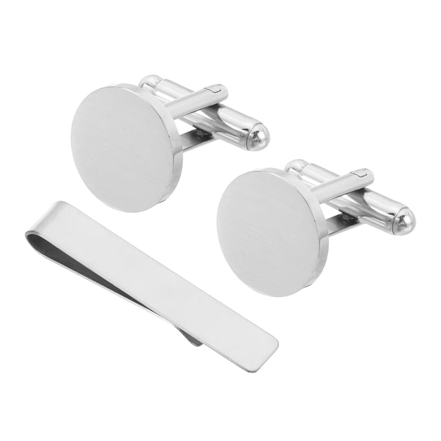 Juego de 3 Gemelos y Clip de Corbata para Hombre, Gemelos Redondos de Acero Inoxidable, Plata