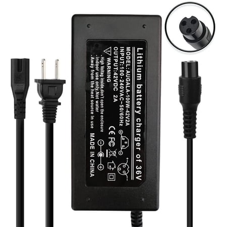 42V 2A Power Charger for Electric Bike 36V Li-ion Battery Sports & Outdoor with 3-Prong Inline Connector (0.31 inch)