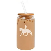 16oz Can Shaped Glass Iced Coffee Cup with Bamboo Lid and Straw Gift Cowgirl Riding Horse