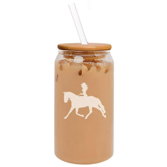 16oz Can Shaped Glass Iced Coffee Cup with Bamboo Lid and Straw Gift Cowgirl Riding Horse