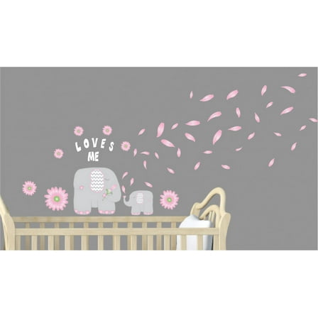 Pink Flowers and Elephant Wall Decals / Jungle Safari Nursery Wall Decor