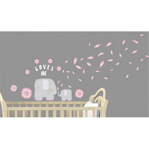Pink Flowers and Elephant Wall Decals / Jungle Safari Nursery Wall Decor