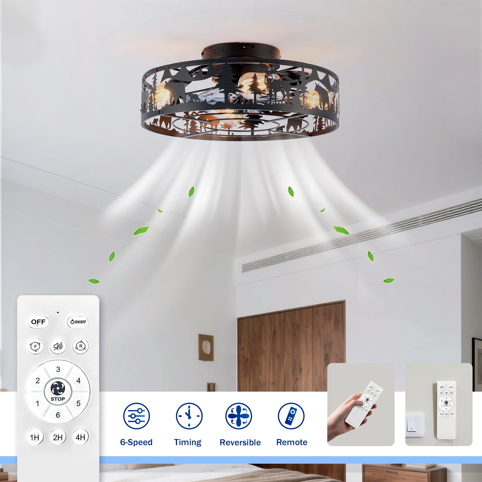 Leumius 20" Black Caged Ceiling Fans with Lights and Remote, Flush Mount Caged Ceiling Fan 6 Speed Reversible with Remote Control for Living Room Bedroom Dining Room (NOT Included Bulbs)
