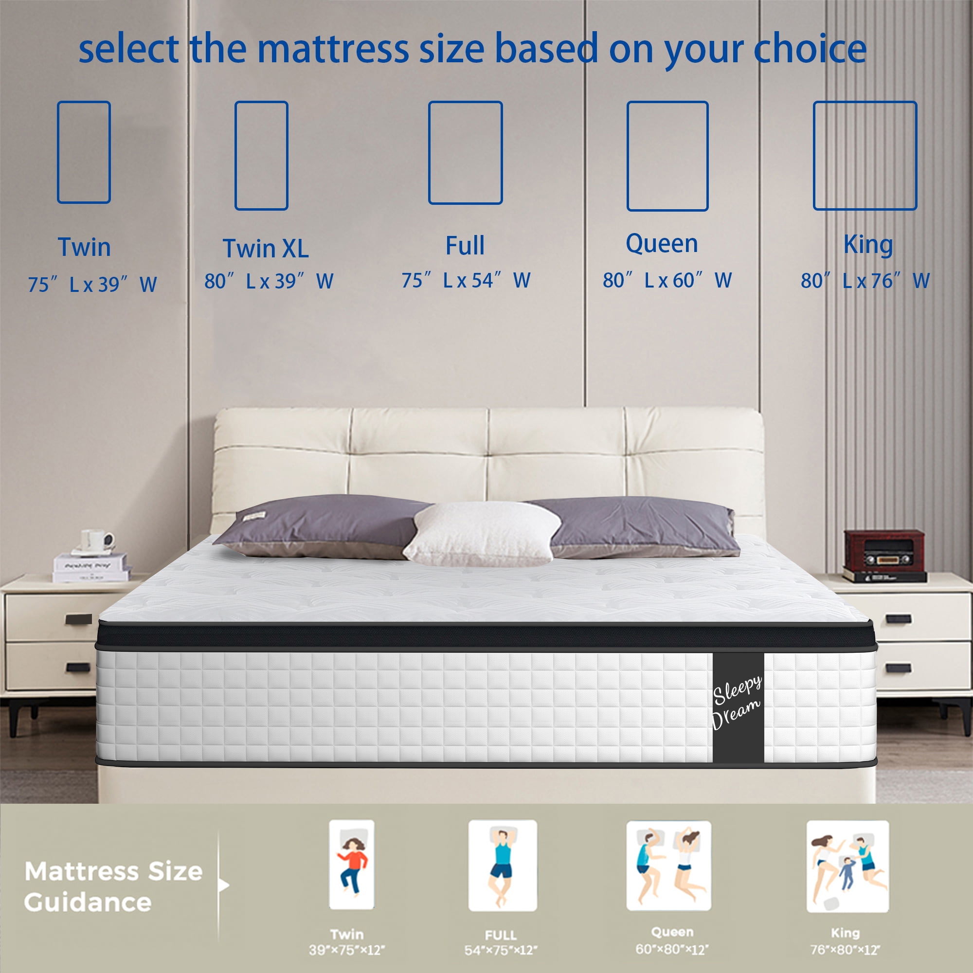 Miniyam Mattress for Adults, 12" Medium Plush Memory Foam with Pocket Springs, Queen