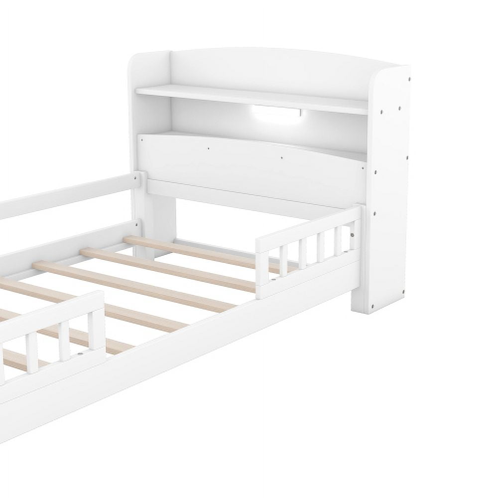 HICOMILA Twin Size Bed with Safety Guardrails and Storage Headboard, Wood Platform Bed Frame with Shelves and Built-in LED Light, White
