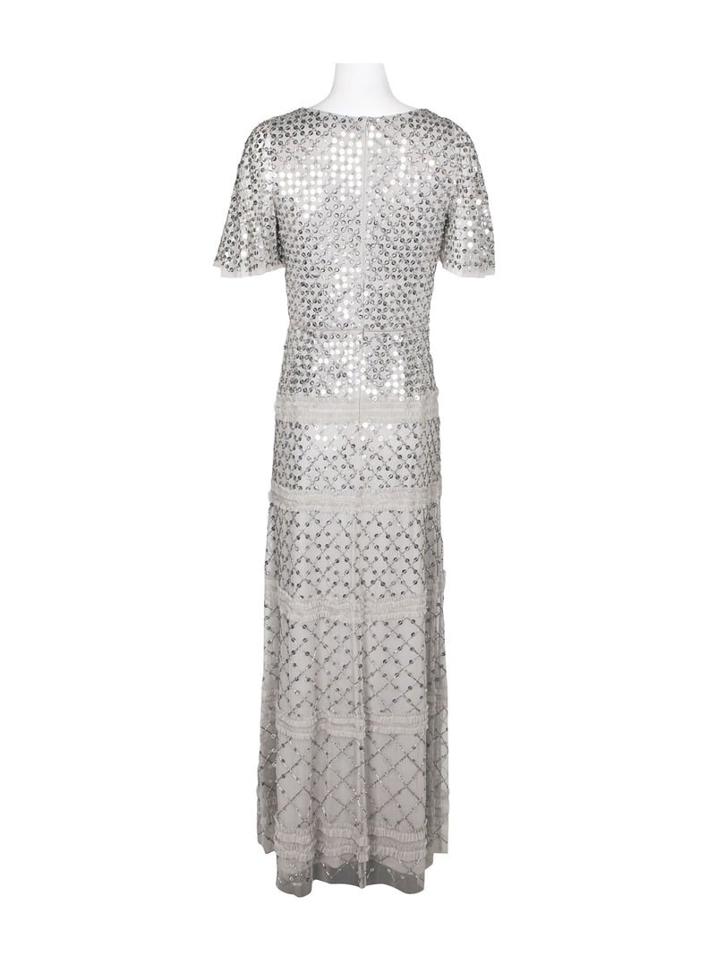 Aidan Mattox V-Neck Short Sleeve Beaded Sequined Piping Detail Zipper Back  Mesh Dress-SILVER DOVE / 8 - Walmart.com
