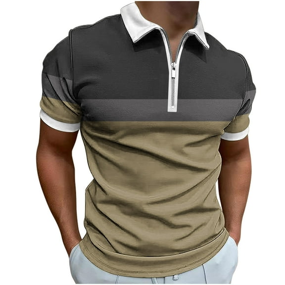 UVEASISHA Mens Zip Polos Shirts Short Sleeve,Men's Color Block Print Zipper Polos Shirt 2025 Lapel Collar Casual Slim Fit Tshirts Half Zip Golf Shirts,Khaki S