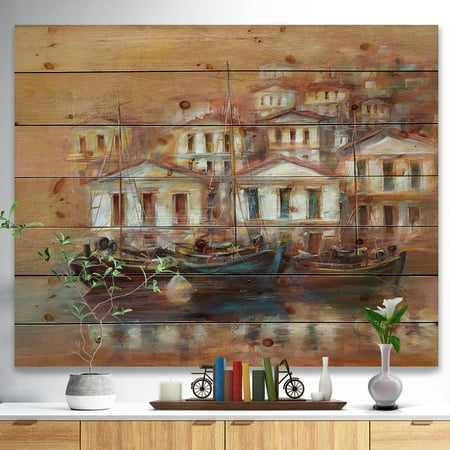 Paint Pine Wood DESIGN ART Designart 'Three Old Fishing Boats in harbor' Sea & Shore Painting Print on Natural Pine Wood - Brown ()