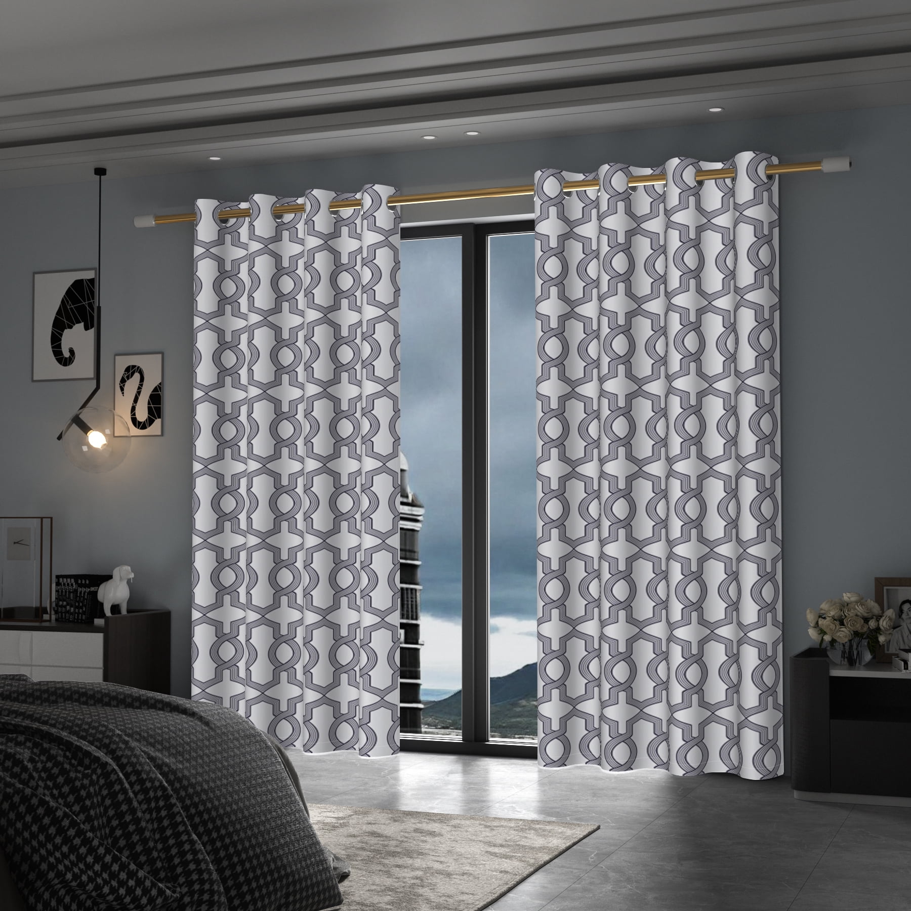 Lfeey Blackout Curtains for Bedroom, Plaid Black Geometric Pattern Curtains with Top Grommets, 42"x63", 2 Panels