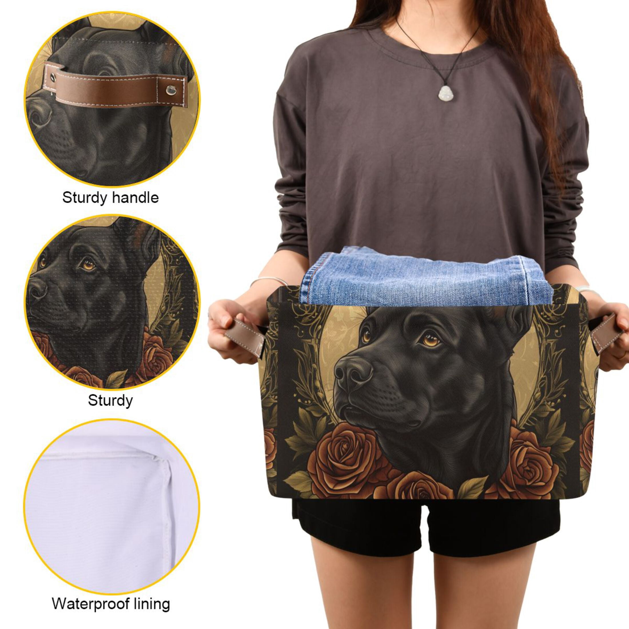 WOBOGO The Black Dog with Red Rose Square Storage Basket with Waterproof Canvas and PE Lining Durable PU Leather Handles 14.2×10.2×8.3in