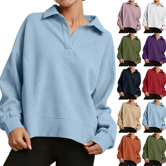 Hvogkswy Mock Neck Sweatshirt for Women Solid Casual Waffle-Weave Sweatshirts Fall Fashion Long Sleeve Pullover Sweatshirts