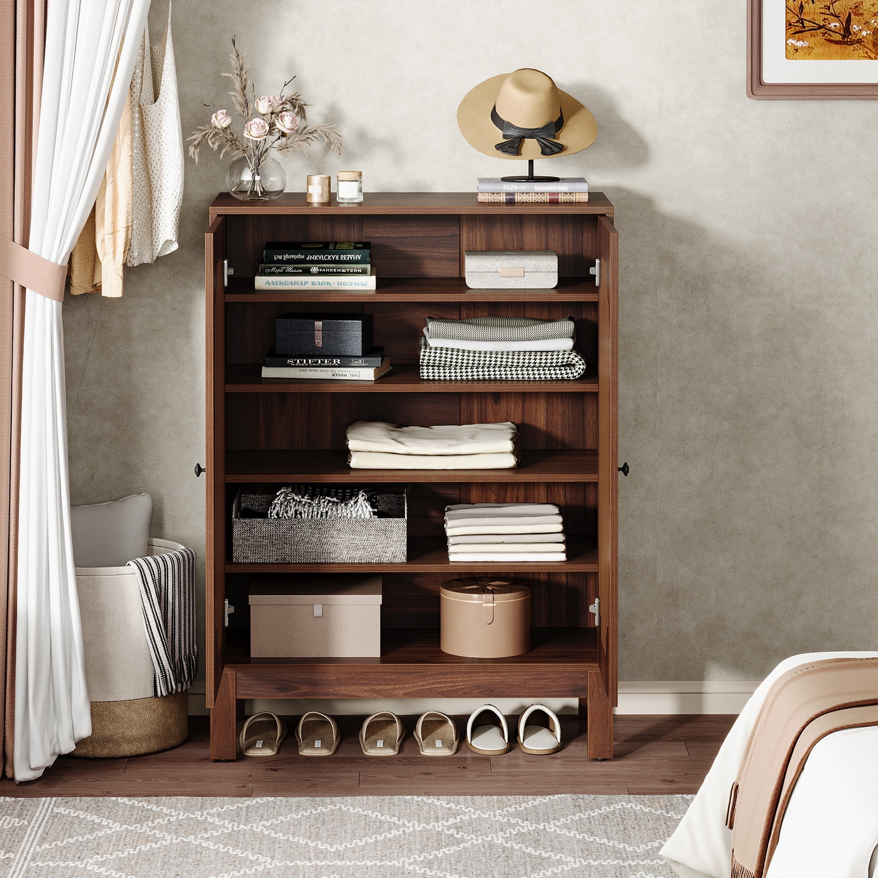 Fnova 5-Tier 20 Pairs Shoe Cabinet with Doors, Narrow Wooden Shoe Rack Organizer with Adjustable Shelves for Entryway, Hallway, Living Room, Brown