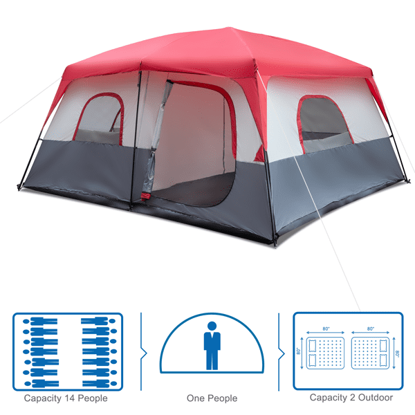 14-Person Family Cabin Tent - 14ft x 14ft Extra Large Outdoor Shelter with Room Divider - Red & White