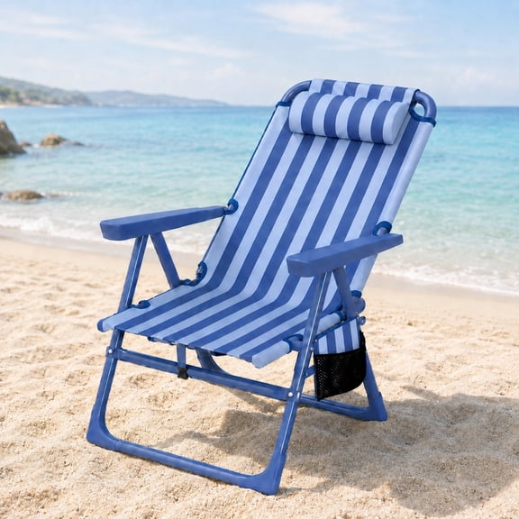 DKMOCO Backpack Beach Chair for Adults, 6-Position Reclining Beach Chair with Cooler & Cup Holder，Light-Weight Foldable Camping Chair for Beach, Camp, Outdoor Navy Blue