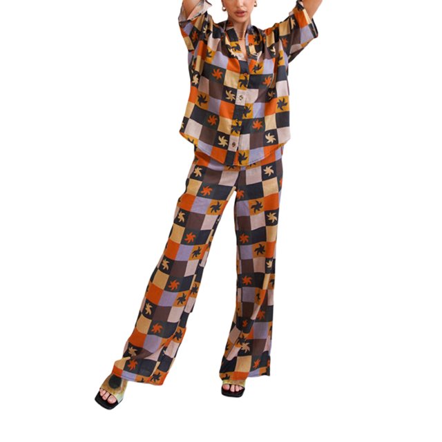 VISgogo, traje de 2 uds con pantalones para mujer, blusa con solapa abotonada de manga corta estampada, pantalones largos sueltos con cintura de tirantes, ropa informal de verano para mujer VISgogo moda
