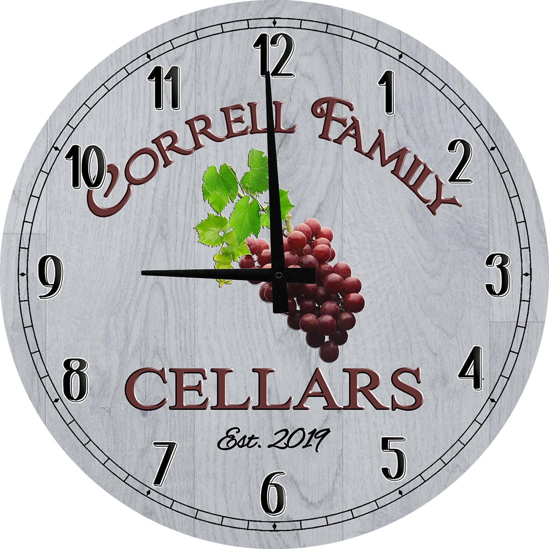 Wood Wall Clock 12 Inch Family Name Wine Cellar Round Small Battery
