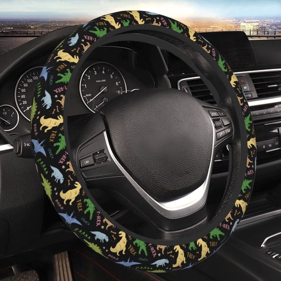 Steering Wheel Cover Anti-Slip Elastic Car Protective Universal 15 Inch Fit for Vehicles Auto SUVs , Dino Pattern Cute Cartoon