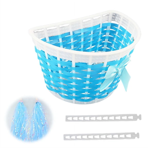Kids Bike Basket Front Handlebar Basket with Decorative Ribbons, Easy Install Universal Plastic Storage Basket for Boys & Girls Bicycle, Scooter