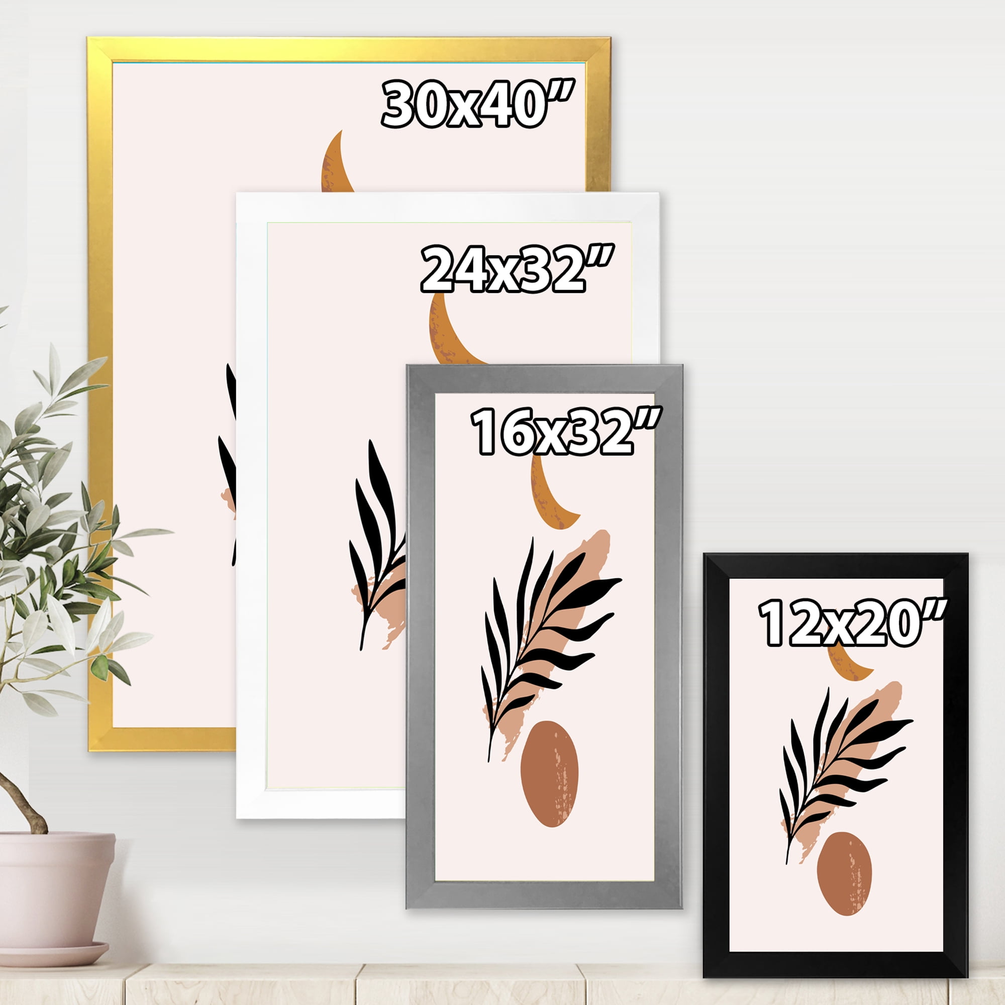 Designart 'Abstact Tropical Palm Leaf, Minimal Sun And Moon I' Modern Framed Art Print