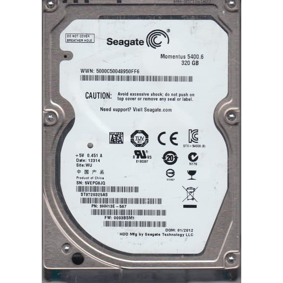ST9320325AS, 5VE, WU, PN 9HH13E-567, FW 0003BSM1, Seagate 320GB SATA 2.5 Hard Drive