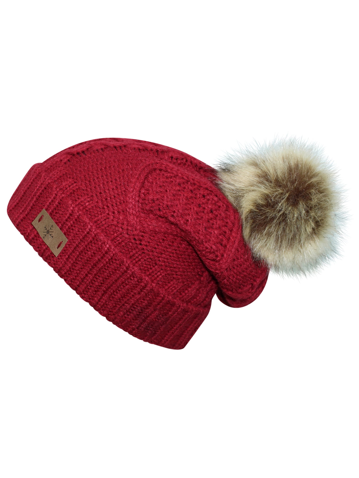 Red Fleece Lined Cable Knit Beanie Cap 