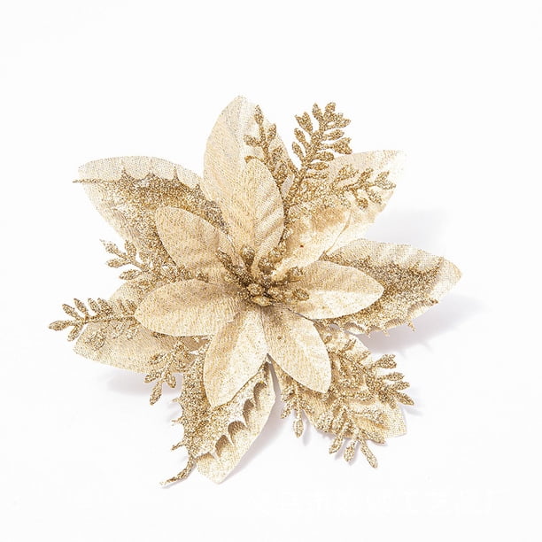 20 flores artificiales de Navidad con clip, flores de Pascua navideñas con decoraciones en polvo de purpurina para guirnalda de árbol de Navidad, guirnalda de Navidad, decoración del hogar (champán)