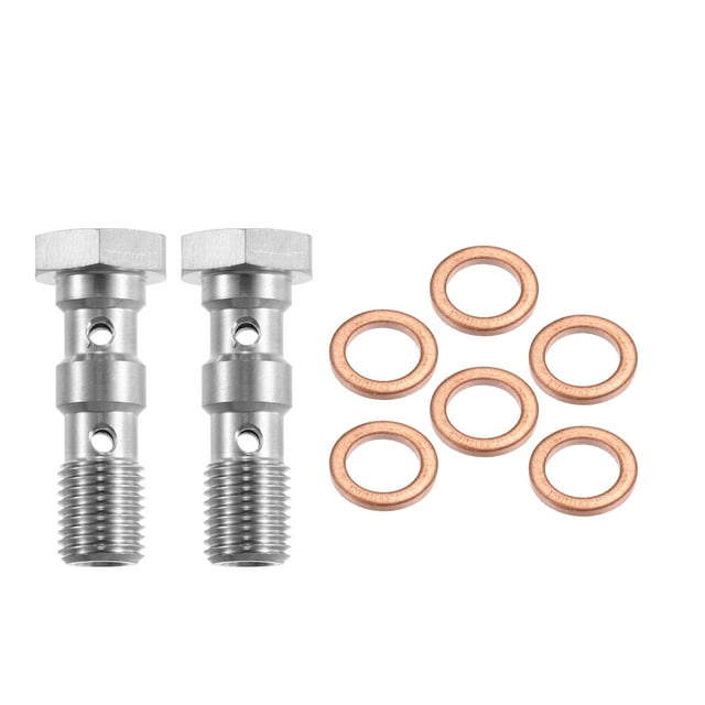 Unique Bargains 2pcs AN3 3/8-24 Thread Turbo Brake Line Banjo Bolt with Copper Washers Double Banjo Bolt 31mm Length