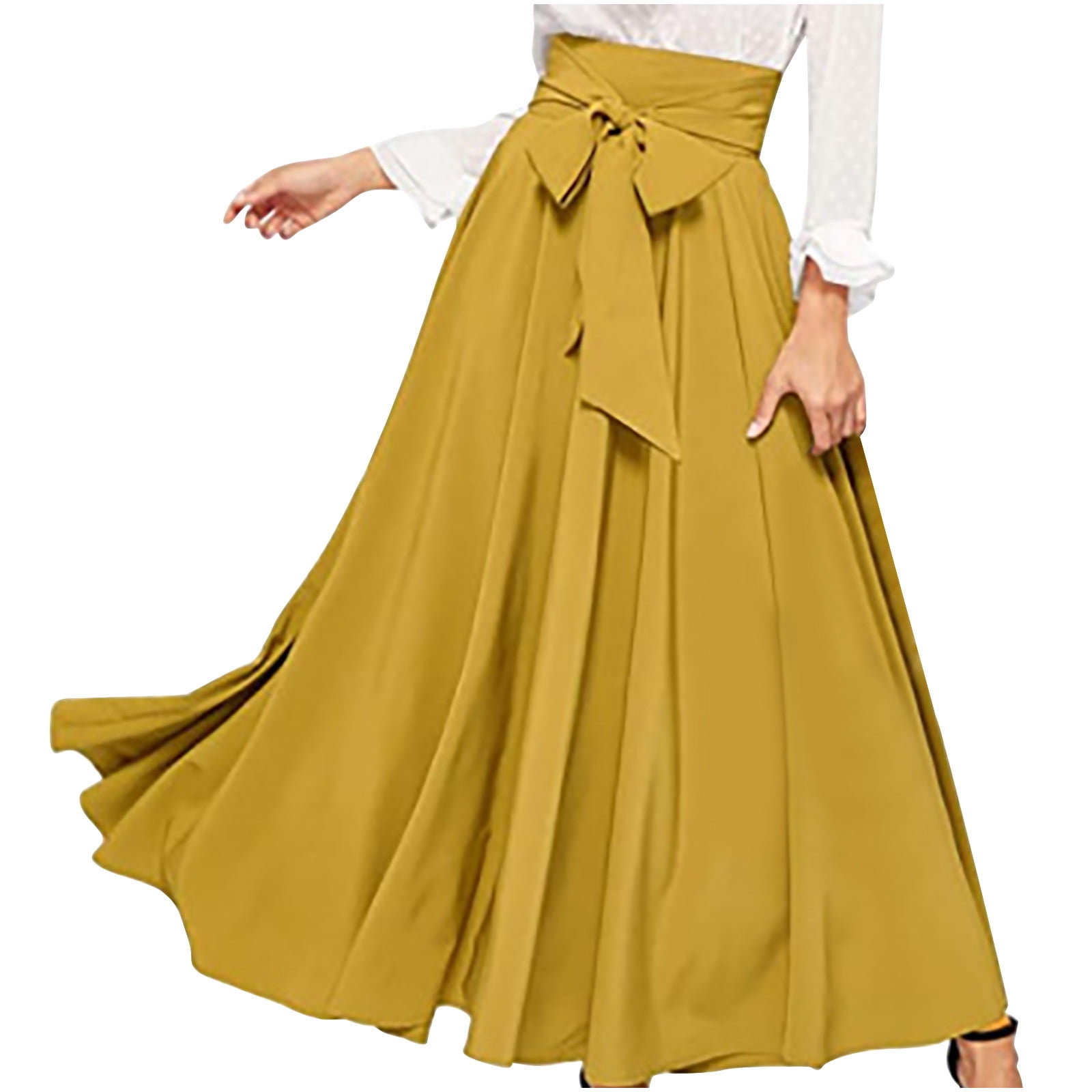 Womens Long Skirts Bow Tie High Waisted Pleated Ruffle ALine Hide Belly Solid Elegant Skirt for