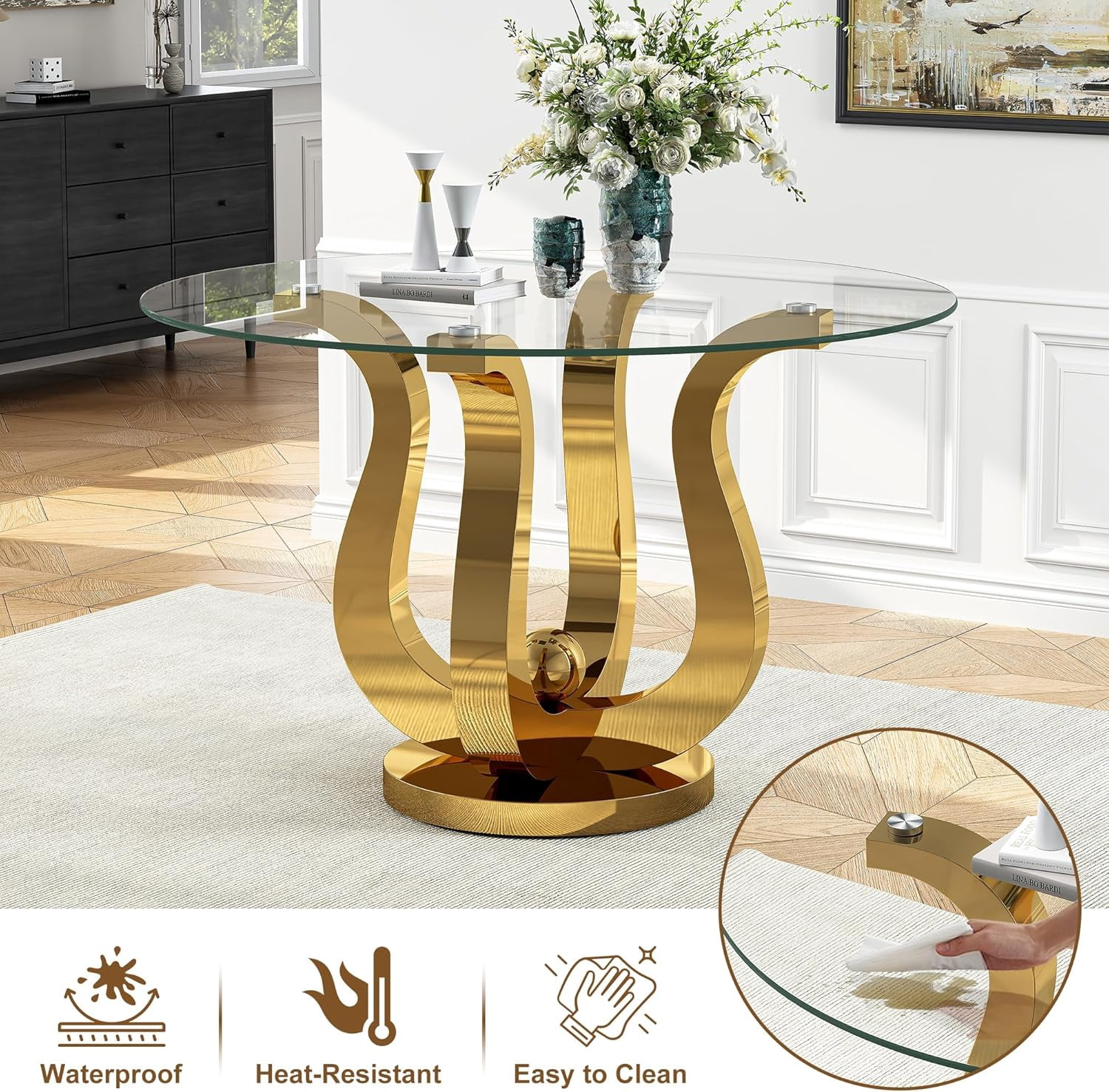 5-Piece Round Dining Table Set, Elegant Floral Stainless Steel Base with 47" Tempered Glass Top, 4 Velvet Tufted Dining Chairs, for Dining Rooms, Apartments