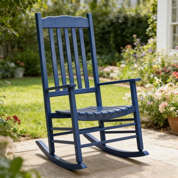 Ktaxon Solid Poplar Wood Rocking Chair, High Back Ergonomic Patio Rocker for Lawn Porch Garden Indoor Outdoor, Navy Blue